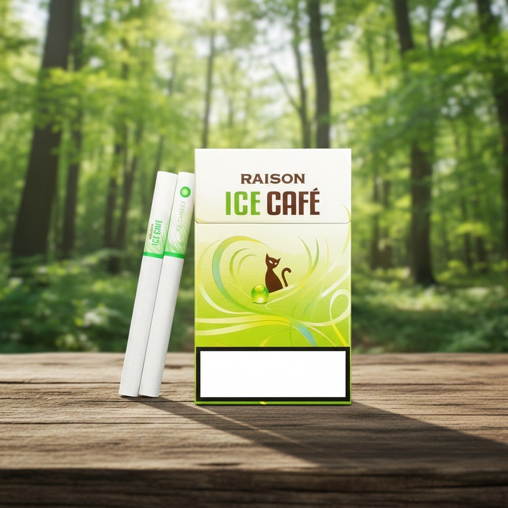 ซองบุหรี่ Raison Ice Cafe สีขาวเขียวลายแมววางบนโต๊ะไม้ฉากหลังป่าธรรมชาติ