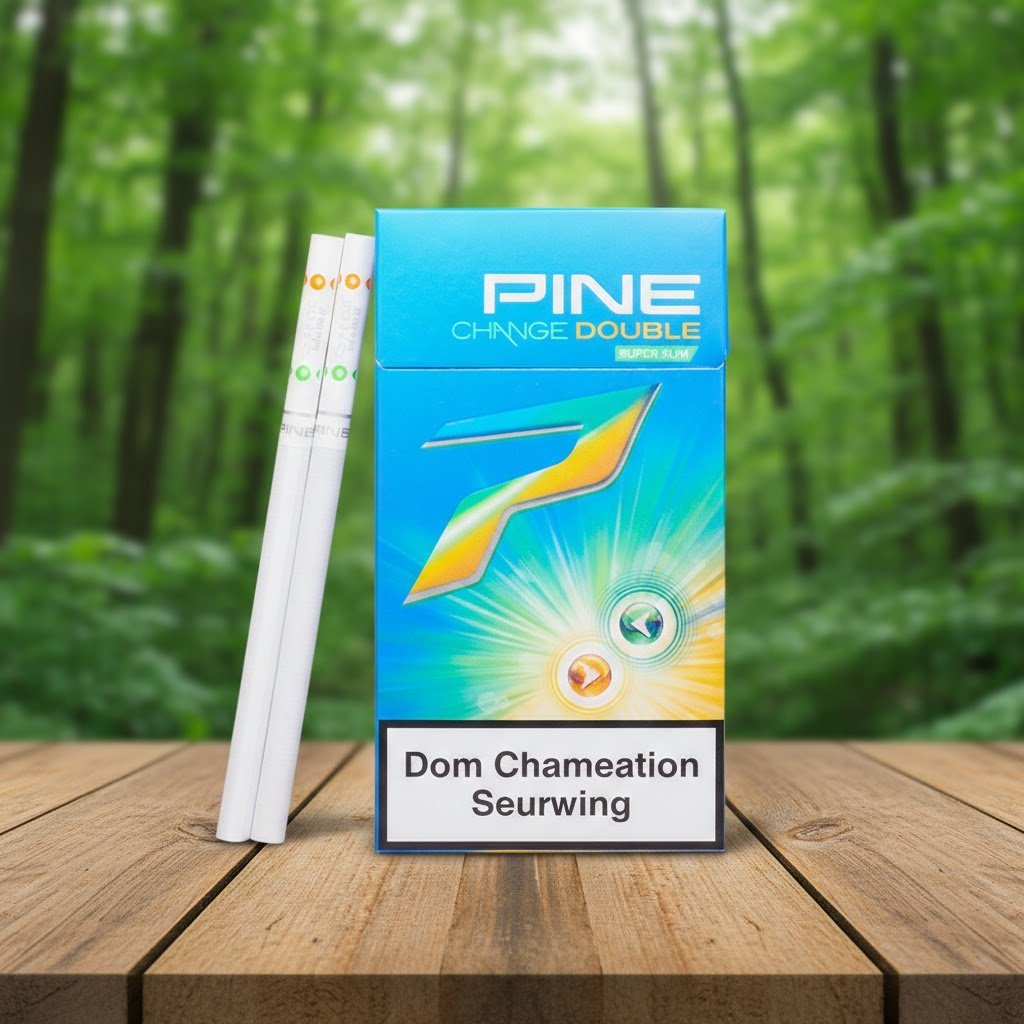 ซองบุหรี่ Pine Change Double Orange สีฟ้าสว่างวางบนโต๊ะไม้ฉากหลังป่าสีเขียว