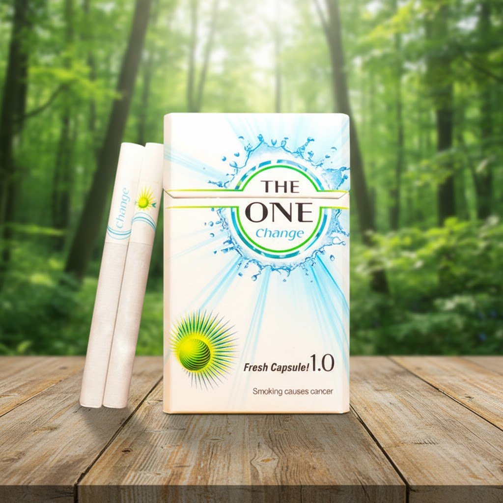 ซองบุหรี่ The One Change สีขาวดีไซน์สดชื่นวางบนโต๊ะไม้ฉากหลังป่าสีเขียว