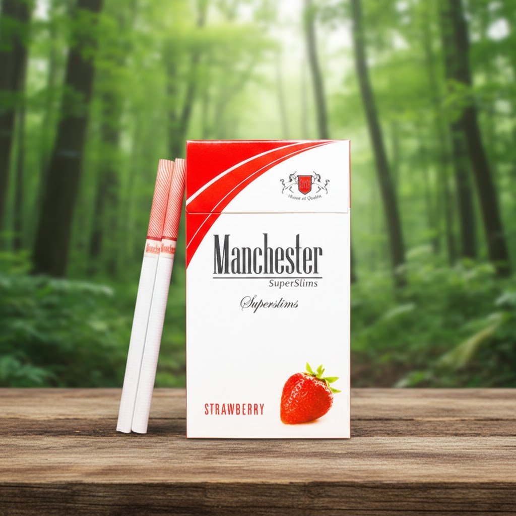 บุหรี่ Manchester Strawberry SuperSlims ซองสีขาวแดงพร้อมรูปสตรอเบอร์รี่ วางบนโต๊ะไม้ในป่า
