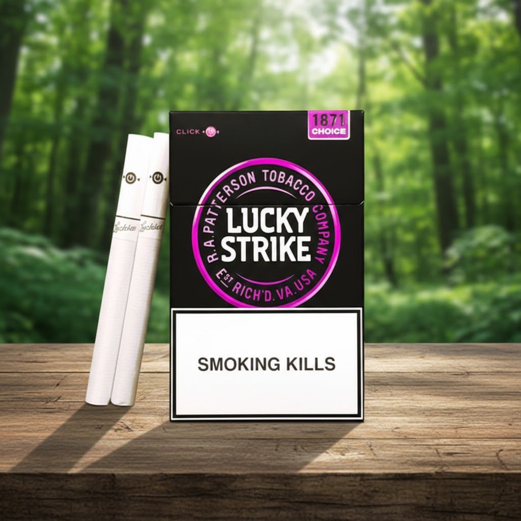 บุหรี่ Lucky Strike Purple ซองสีดำโลโก้สีม่วงแบบเม็ดบีบ วางบนโต๊ะไม้ฉากหลังป่าสีเขียว