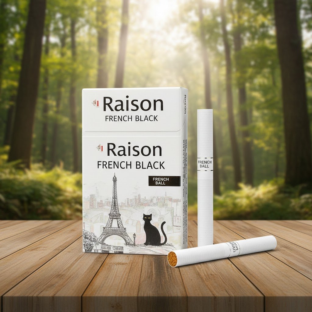 บุหรี่ Raison French Black ซองสีขาวลายกราฟิกแมวดำและหอไอเฟล วางบนโต๊ะไม้ฉากหลังป่าไม้ธรรมชาติ