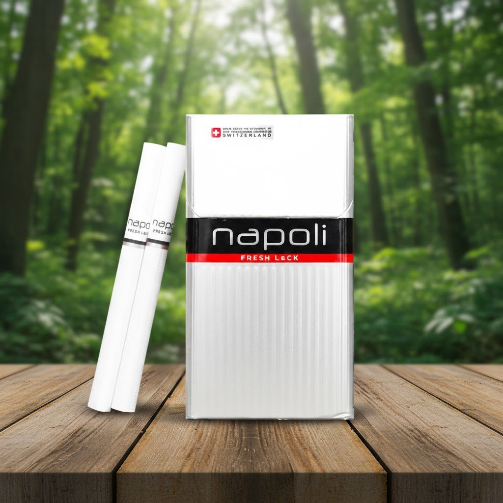 บุหรี่ Napoli Silver ซองสีขาวคาดแถบดำแดง วางบนโต๊ะไม้ฉากหลังป่าไม้ธรรมชาติ แสงแดดรำไร