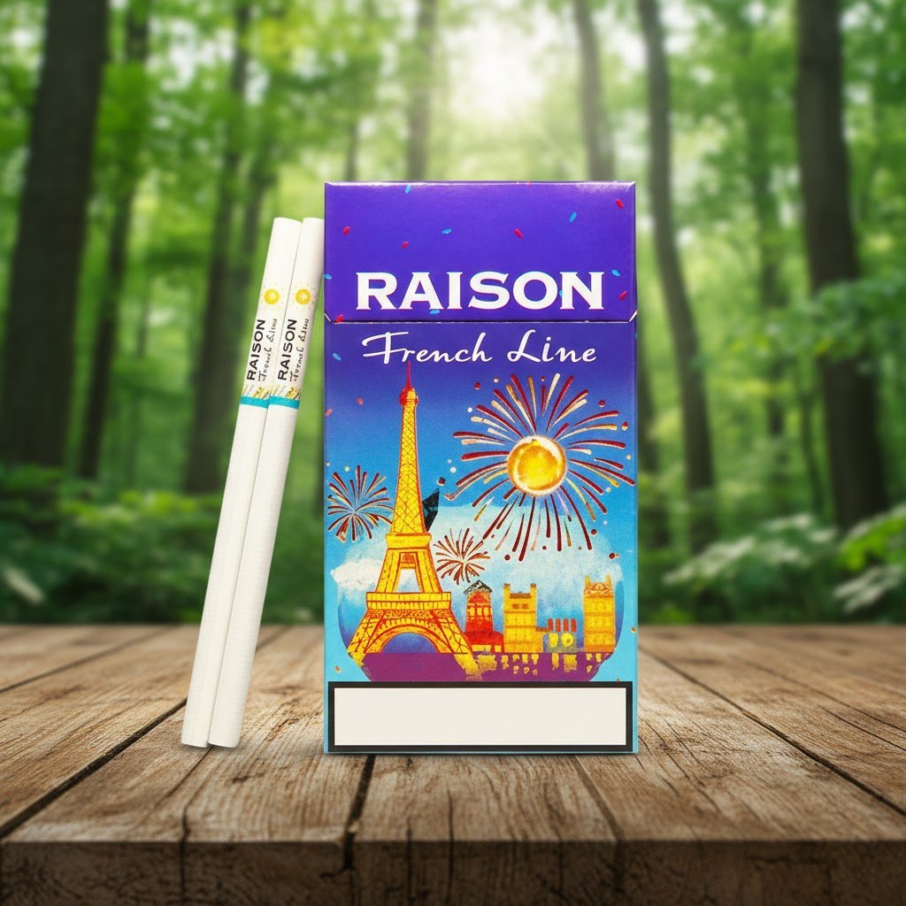 บุหรี่ Raison French Line Blue ซองสีน้ำเงินม่วงลายหอไอเฟลและพลุ วางคู่กับมวนบุหรี่สลิมบนโต๊ะไม้ฉากหลังป่า