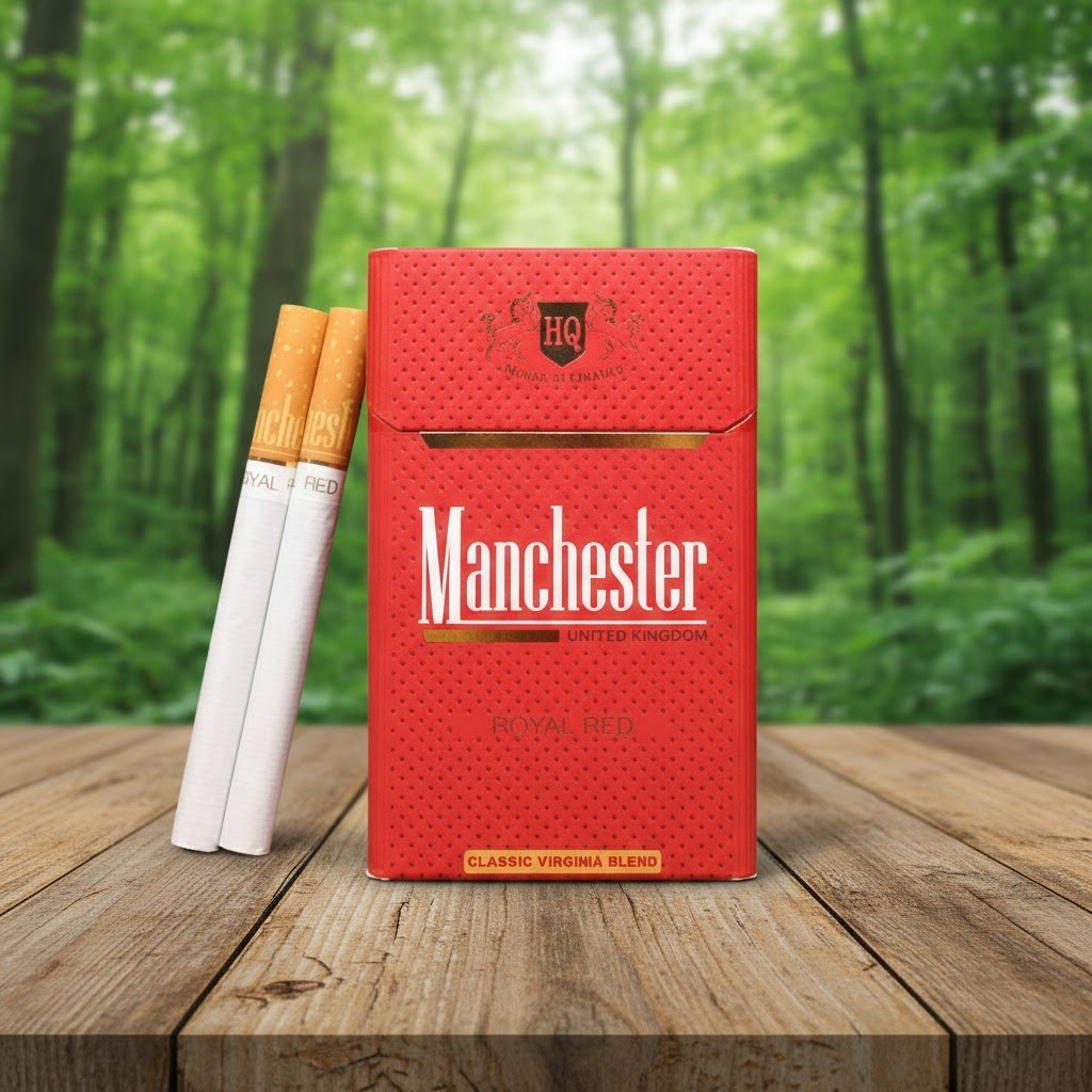 บุหรี่ Manchester Royal Red ซองสีแดงลายจุดพรีเมียม พร้อมมวนบุหรี่ วางบนโต๊ะไม้ฉากหลังป่าสีเขียว