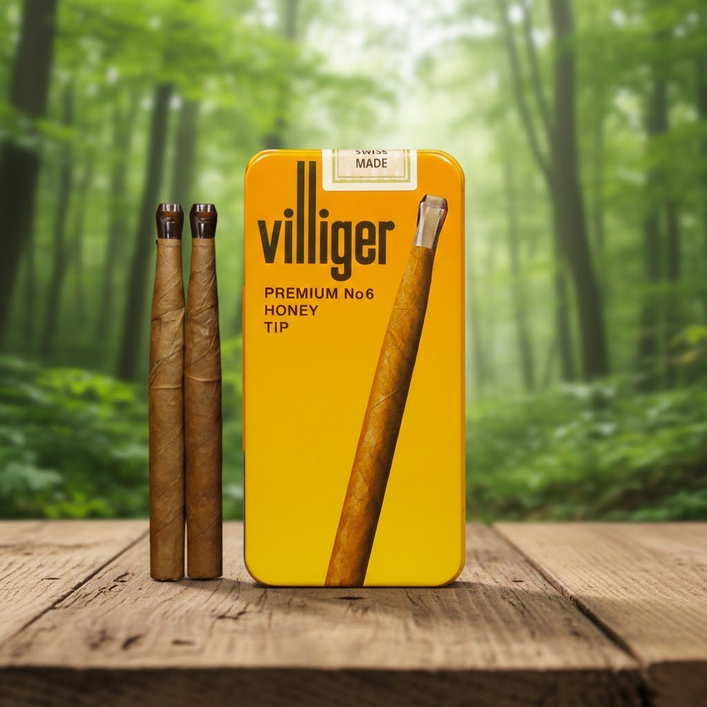 กล่องซิการ์ Villiger Premium No.6 Honey Tip สีเหลืองทอง พร้อมมวนซิการ์หุ้มใบยาสูบธรรมชาติ วางบนโต๊ะไม้
