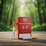 บุหรี่ Yunyan Softpack ซองอ่อนสีแดงตัวอักษรทอง พร้อมมวนบุหรี่ก้นกรองสีน้ำตาล วางบนโต๊ะไม้ฉากหลังป่า