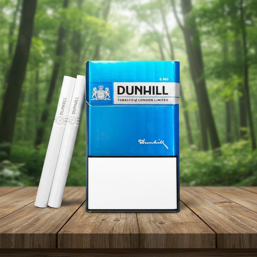 บุหรี่ Dunhill Blue 6mg ซองสีฟ้าเมทัลลิคเรียบหรู พร้อมมวนบุหรี่วางบนโต๊ะไม้ฉากหลังป่า