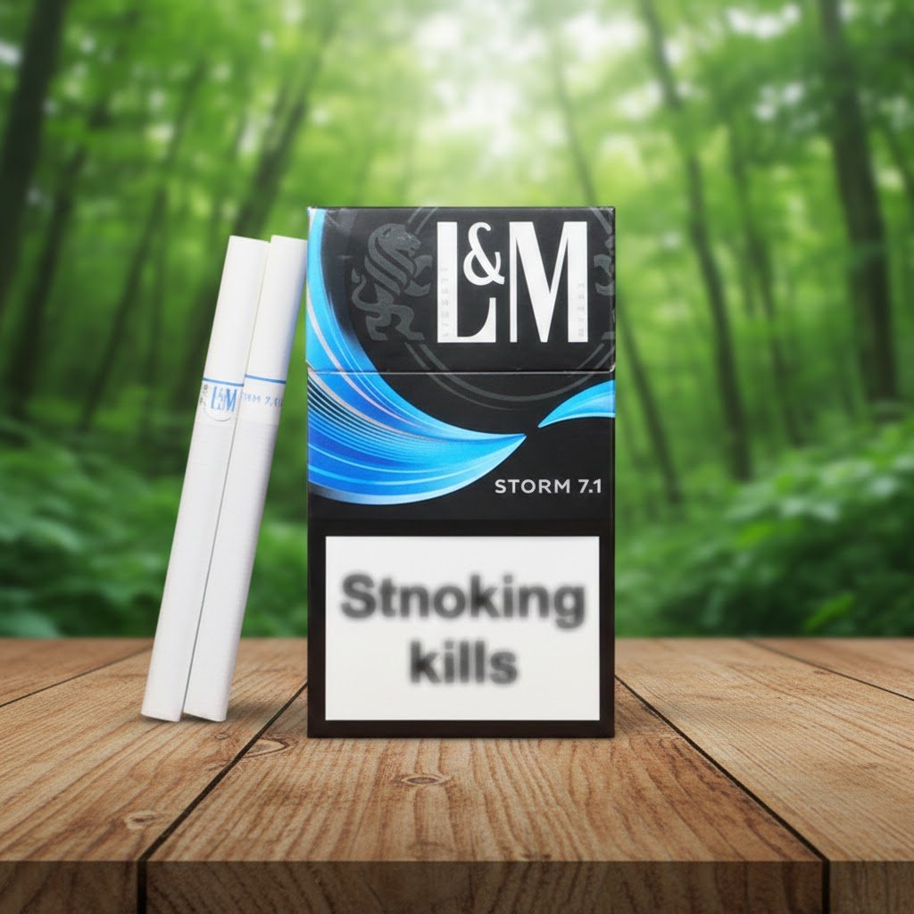 บุหรี่ L&M Storm 7.1 ซองสีดำลายคลื่นสีฟ้าสดใส พร้อมมวนบุหรี่สีขาววางบนโต๊ะไม้ฉากหลังป่า