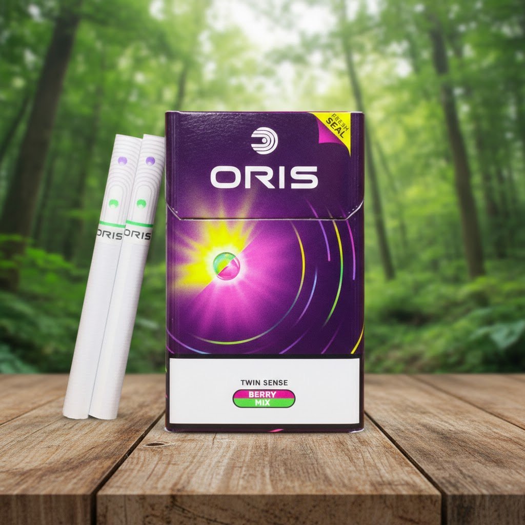 บุหรี่ Oris Twin Sense Berry Mix ซองสีม่วงพรีเมียม พร้อมมวนบุหรี่แบบ 2 เม็ดบีบ วางบนโต๊ะไม้ฉากหลังป่า