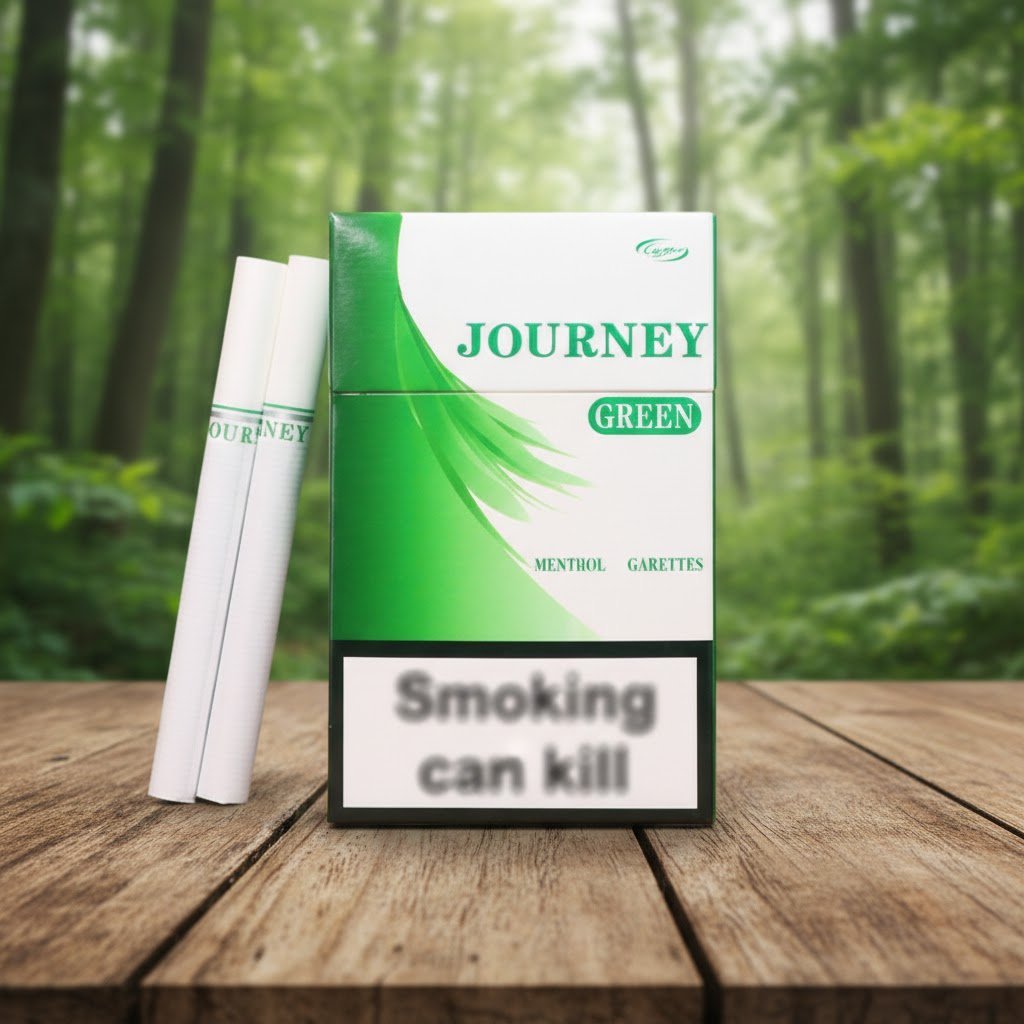 บุหรี่ Journey Green ซองแข็งสีขาวคาดแถบกราฟิกสีเขียวสดใส พร้อมมวนบุหรี่สีขาววางบนโต๊ะไม้ในบรรยากาศป่าไม้