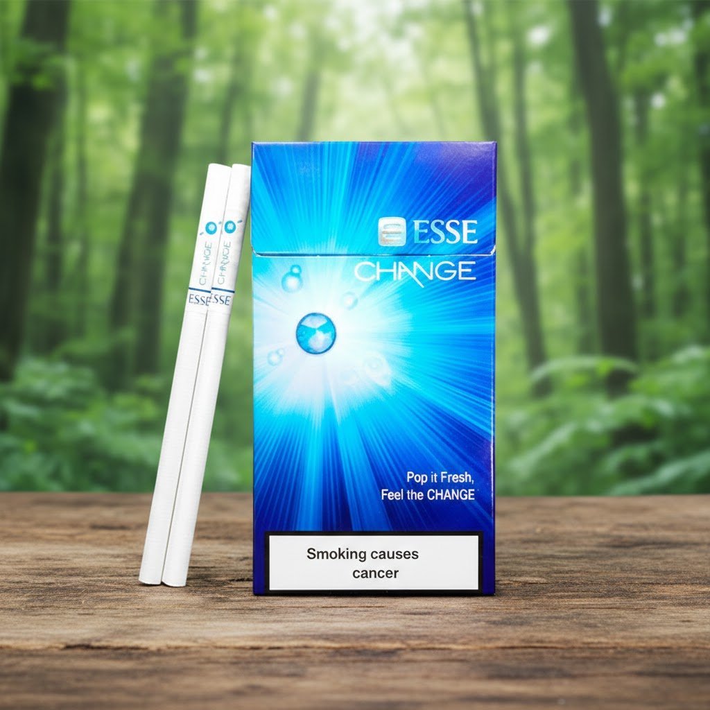 บุหรี่ ESSE Change 4mg ซองสีน้ำเงินดีไซน์กราฟิกแสงรัศมี พร้อมมวนบุหรี่ซุปเปอร์สลิมวางบนโต๊ะไม้ฉากหลังป่า