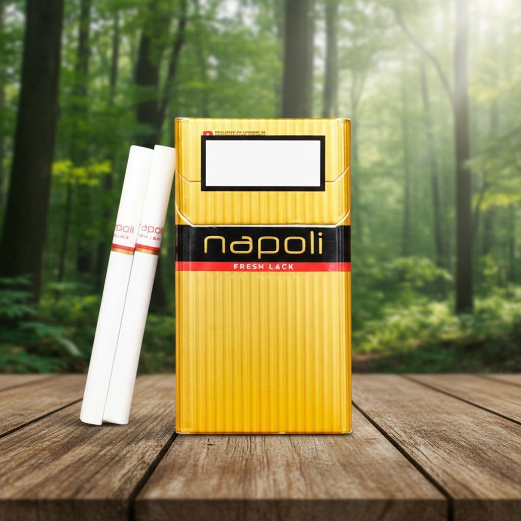 ซองบุหรี่ Napoli Gold สีเหลืองทองดีไซน์พรีเมียม วางคู่กับมวนบุหรี่บนโต๊ะไม้ ท่ามกลางบรรยากาศป่าไม้เขียวขจี
