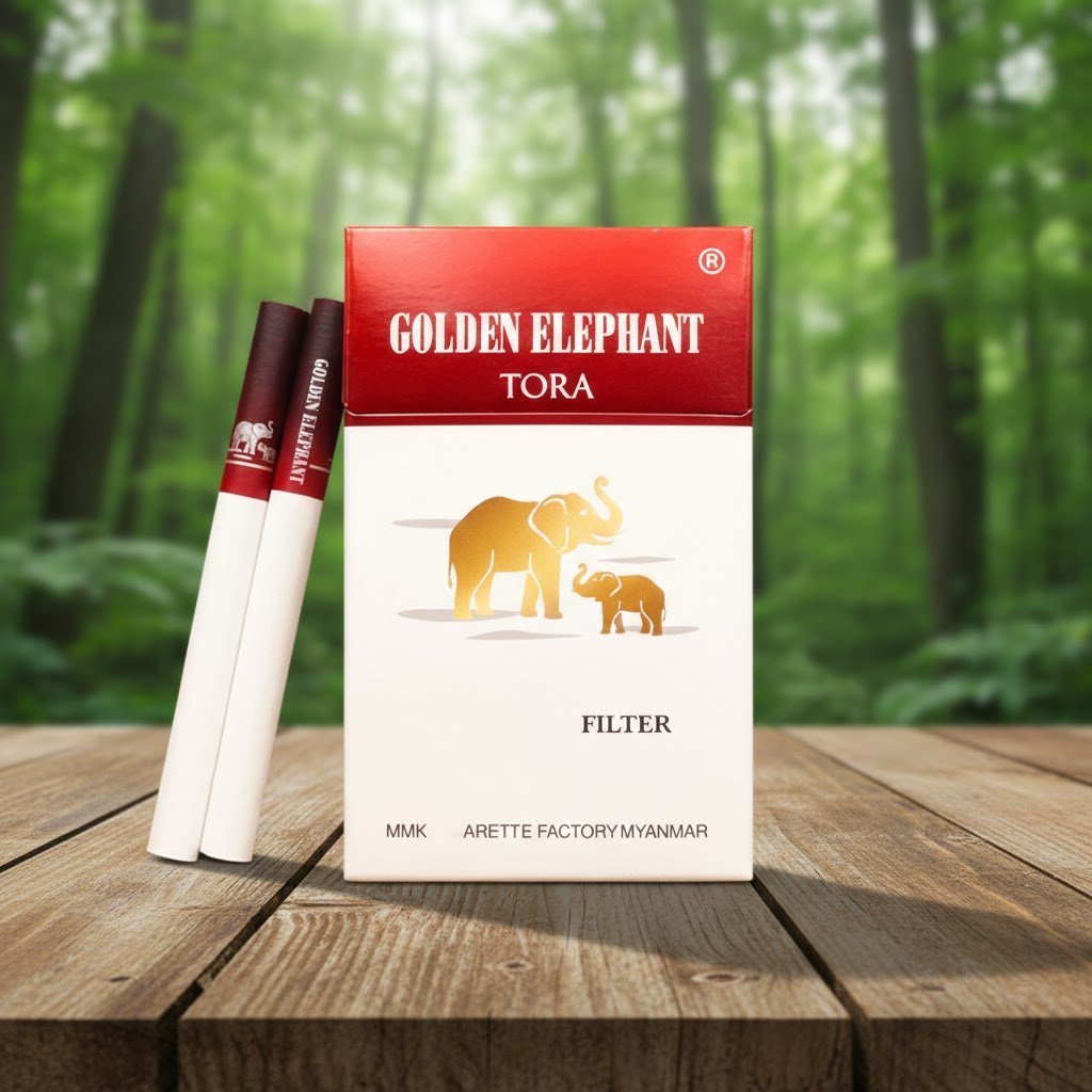 บุหรี่ Golden Elephant ซองสีขาวแดงลายช้างสีทอง วางคู่กับมวนบุหรี่บนโต๊ะไม้ฉากหลังป่าสีเขียว