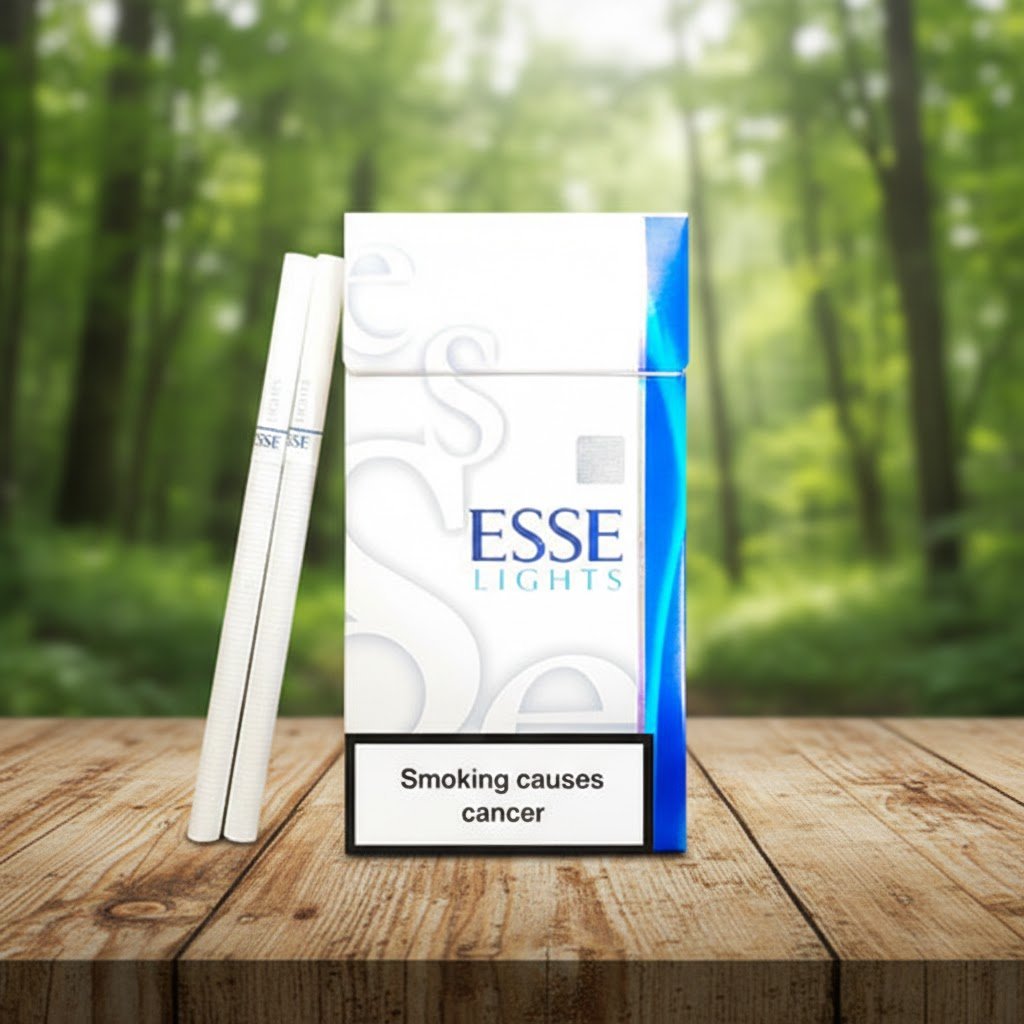 บุหรี่ ESSE Lights ซองสีขาวแถบน้ำเงิน มวนซุปเปอร์สลิมวางบนโต๊ะไม้ฉากหลังป่าไม้ธรรมชาติ