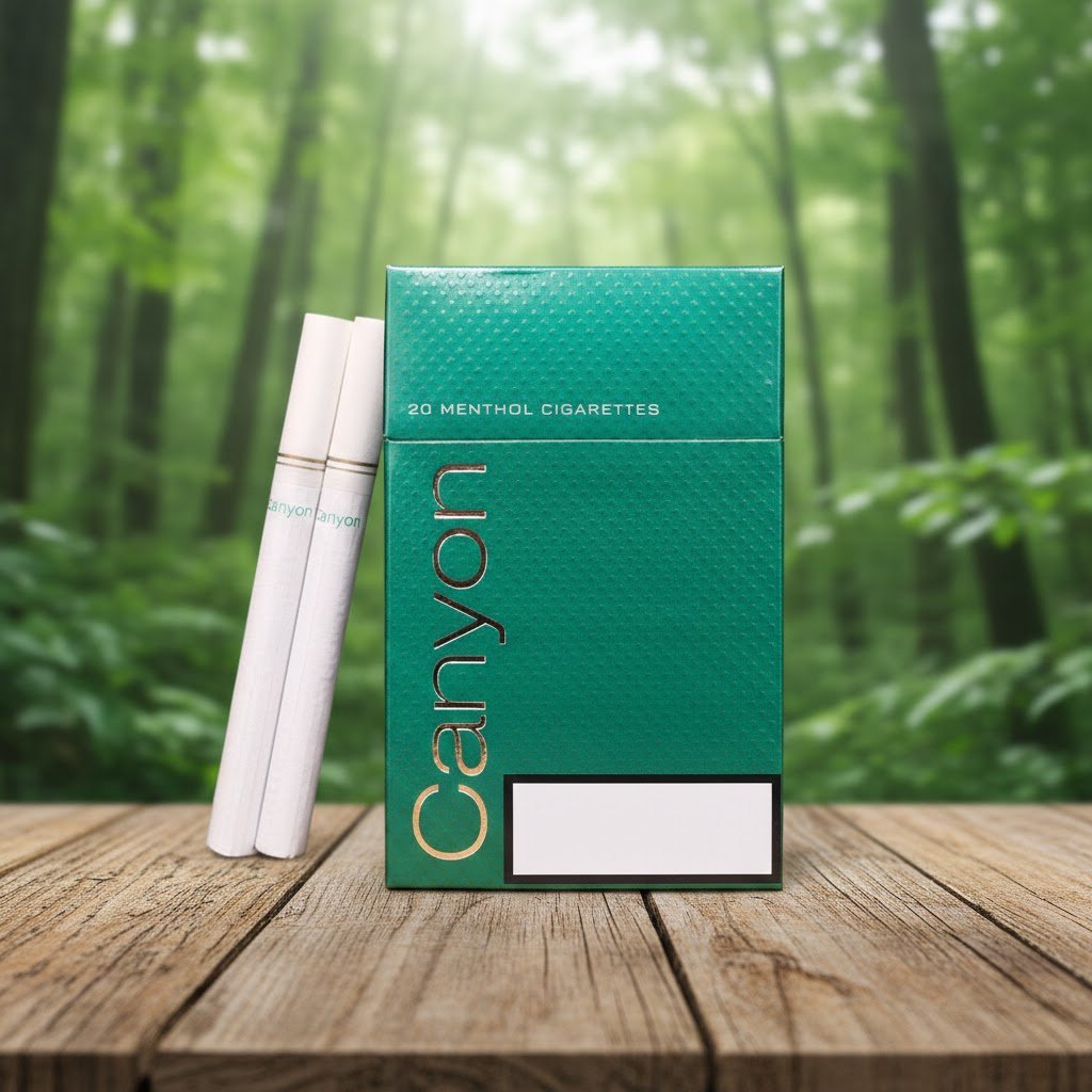 บุหรี่ Canyon Green ซองแข็งสีเขียวเข้ม ตัวอักษรสีทอง วางบนโต๊ะไม้ฉากหลังป่าธรรมชาติ