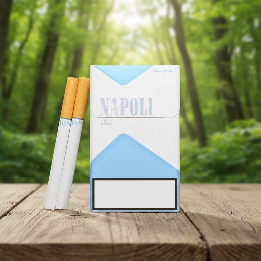 บุหรี่ Napoli Blue Special ซองสีขาวแถบฟ้าสไตล์มินิมอล วางบนโต๊ะไม้ฉากหลังป่าสีเขียว