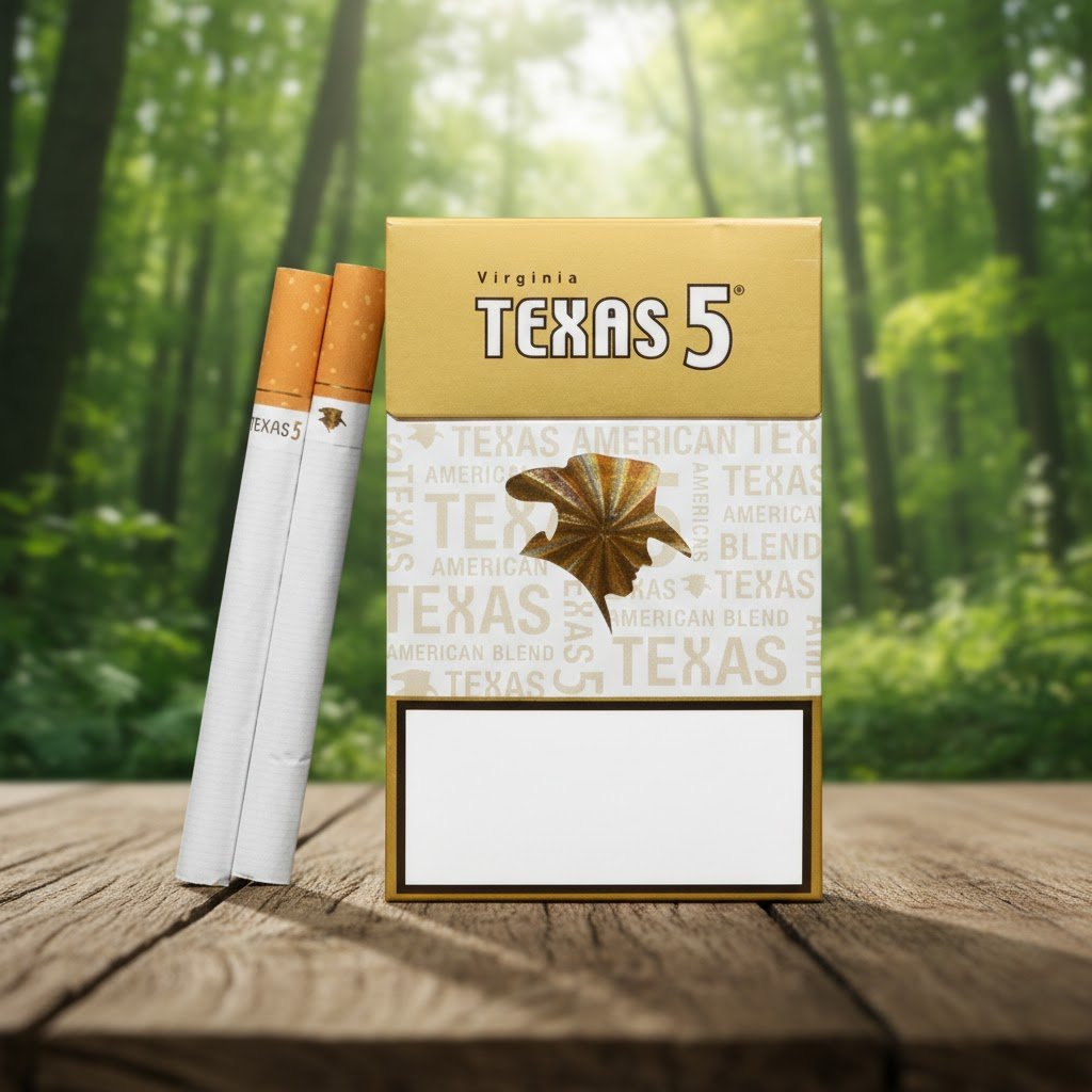 บุหรี่ Texas 5 Gold ซองสีทองลายใบยาสูบ วางคู่กับมวนบุหรี่บนโต๊ะไม้ฉากหลังป่าสีเขียว