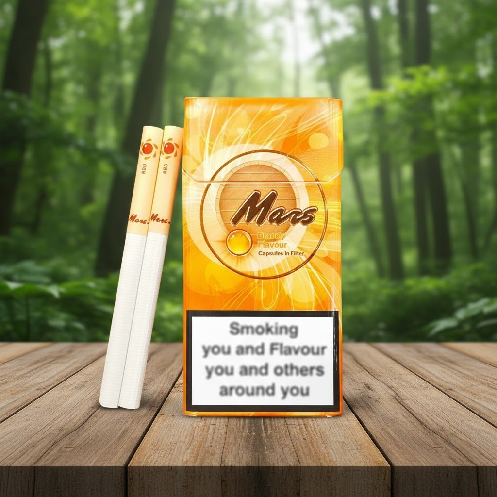 ซองบุหรี่ Mars Brandy สีส้มสดใสวางบนโต๊ะไม้กลางป่า พร้อมมวนบุหรี่ที่มีสัญลักษณ์เม็ดบีบกลิ่นบรั่นดี