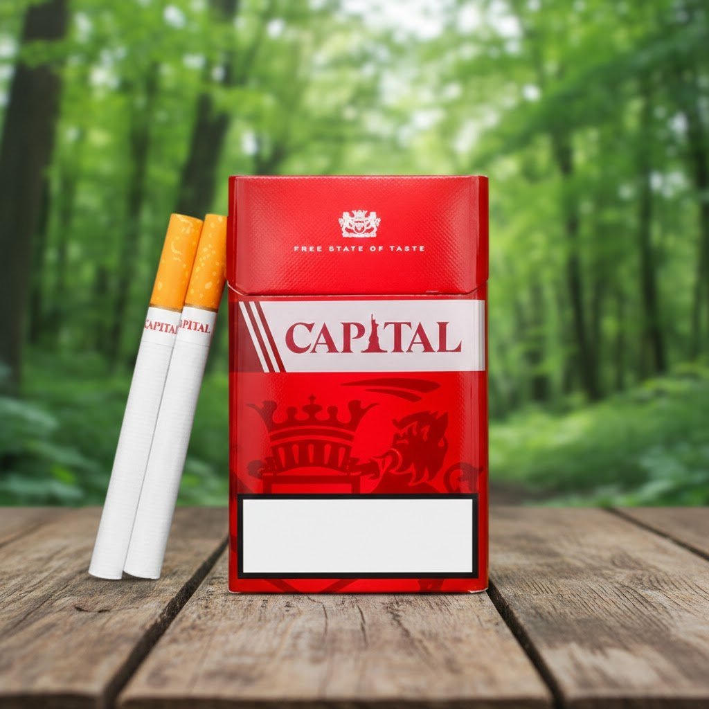 ซองบุหรี่ Capital Red Edition สีแดงดีไซน์หรูหรา วางบนโต๊ะไม้ท่ามกลางบรรยากาศป่าธรรมชาติ พร้อมมวนบุหรี่ก้นกรองสีส้ม