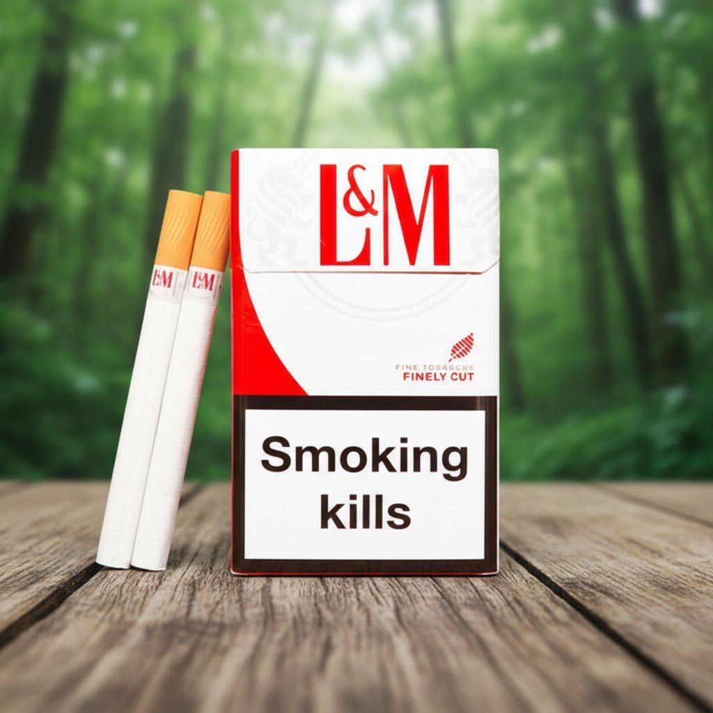 ซองบุหรี่ L&M Red Fine Cut สีขาวแดงเกรดพรีเมียมจากสวิตเซอร์แลนด์ วางบนโต๊ะไม้ในบรรยากาศธรรมชาติ พร้อมมวนบุหรี่ก้นกรองสีส้มคลาสสิก