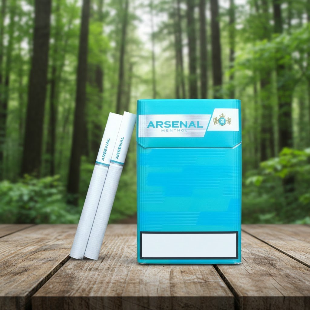ซองบุหรี่ Arsenal Green สีฟ้าสดใสวางบนโต๊ะไม้กลางป่า พร้อมมวนบุหรี่สีขาวโชว์ชื่อแบรนด์สีฟ้า
