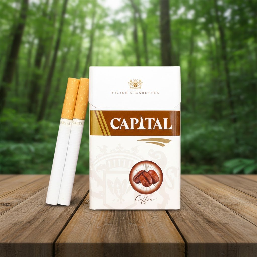 ซองบุหรี่ Capital Coffee สีขาวคาดน้ำตาลทอง พร้อมรูปเมล็ดกาแฟ วางบนโต๊ะไม้ในบรรยากาศธรรมชาติ