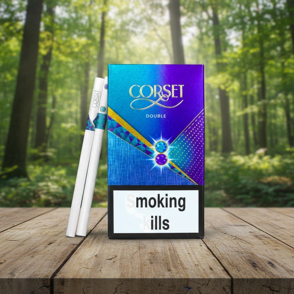 บุหรี่ Corset Double ซองสีน้ำเงินม่วง มวนซุปเปอร์สลิม 2 เม็ดบีบ วางบนโต๊ะไม้ฉากหลังป่าเขียวขจี