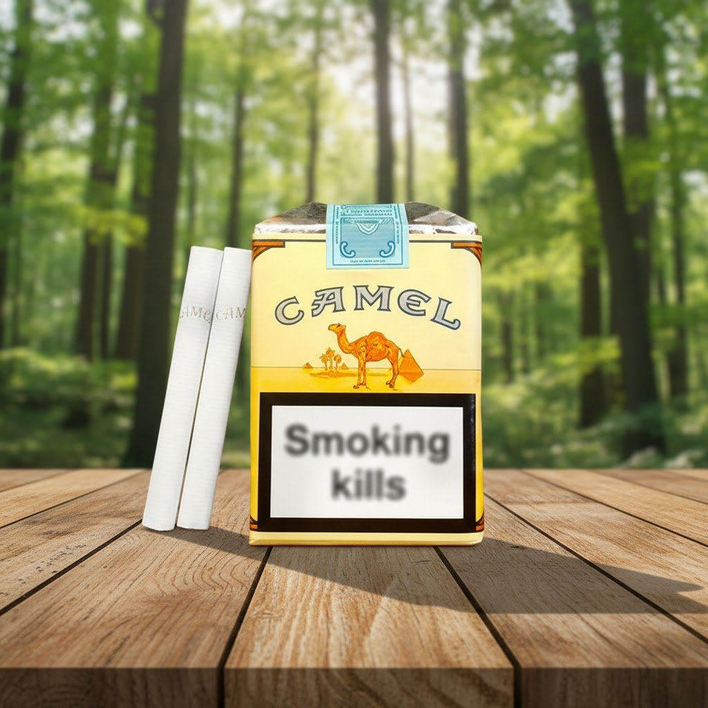 บุหรี่ Camel Non-Filter แบบไม่มีก้นกรอง ซองสีเหลืองคลาสสิก วางบนโต๊ะไม้ฉากหลังป่าเขียวขจี