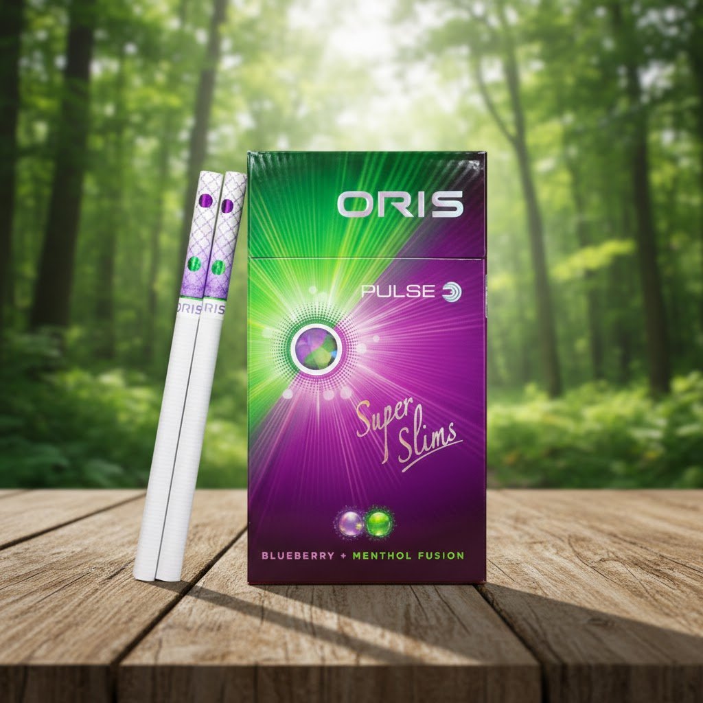 บุหรี่ Oris Pulse Blueberry Menthol ซองสีม่วงเขียว พร้อมมวนซุปเปอร์สลิม 2 เม็ดบีบ วางบนโต๊ะไม้ฉากหลังป่าธรรมชาติ