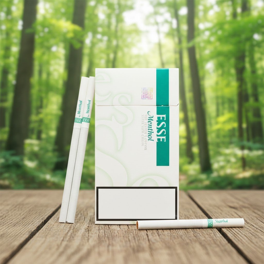 บุหรี่ ESSE Menthol ซองสีขาวแถบเขียว มวนซุปเปอร์สลิม วางบนโต๊ะไม้ฉากหลังป่าไม้ธรรมชาติ