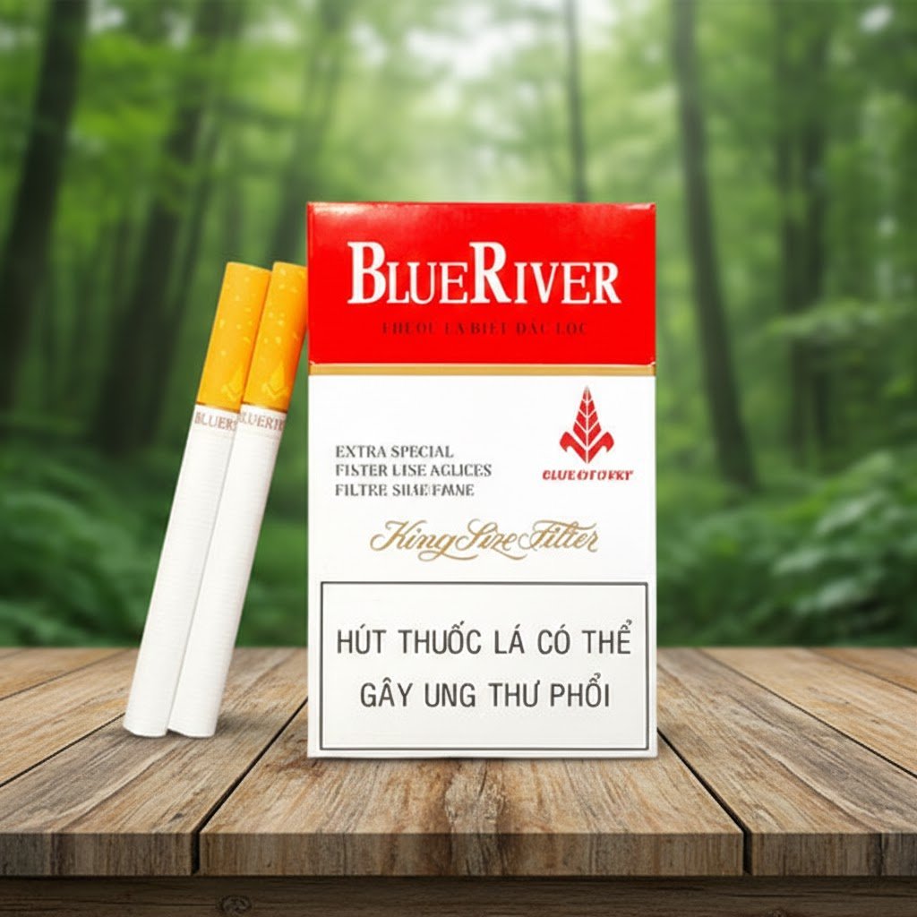 บุหรี่ Blue River Red ซองสีขาวแดง มวนขนาดคิงไซส์ก้นกรองสีส้ม วางบนโต๊ะไม้ฉากหลังป่าธรรมชาติ