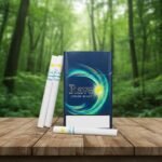 บุหรี่ Rave Lemon Blast ซองสีน้ำเงินลายเกลียวสีเขียวเหลือง พร้อมมวนบุหรี่เม็ดบีบ วางบนโต๊ะไม้ฉากหลังป่า