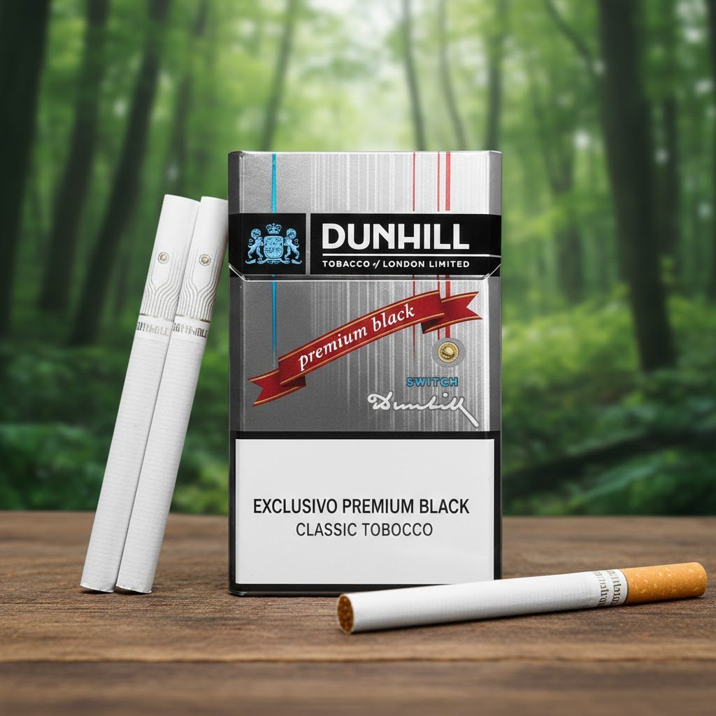 บุหรี่ Dunhill Switch Gray ซองสีเงินเงางาม ดีไซน์พรีเมียม 1 เม็ดบีบ วางบนโต๊ะไม้ฉากหลังป่าธรรมชาติ