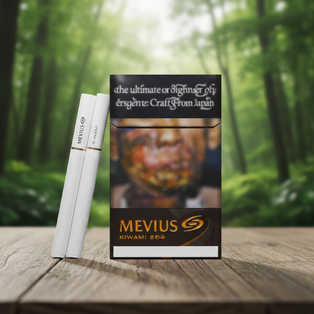 บุหรี่ Mevius Kiwami ซองสีดำดีไซน์พรีเมียม พร้อมมวนบุหรี่สีขาวสะอาดตา วางบนโต๊ะไม้ฉากหลังป่าธรรมชาติ