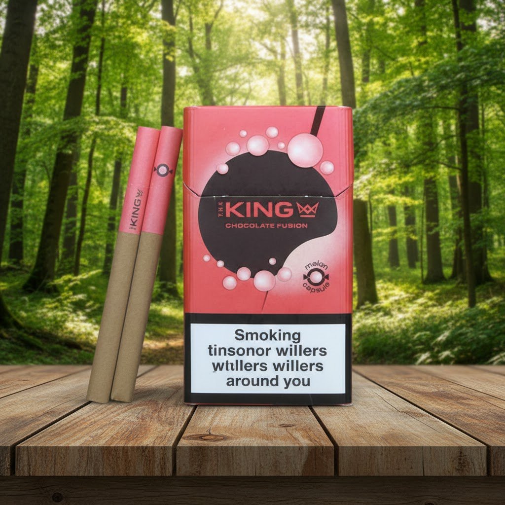 บุหรี่ The King Melon ซองสีชมพูตัดดำลายฟองสบู่ มวนบุหรี่สีน้ำตาลก้นกรองสีชมพู วางบนโต๊ะไม้ฉากหลังป่าธรรมชาติ