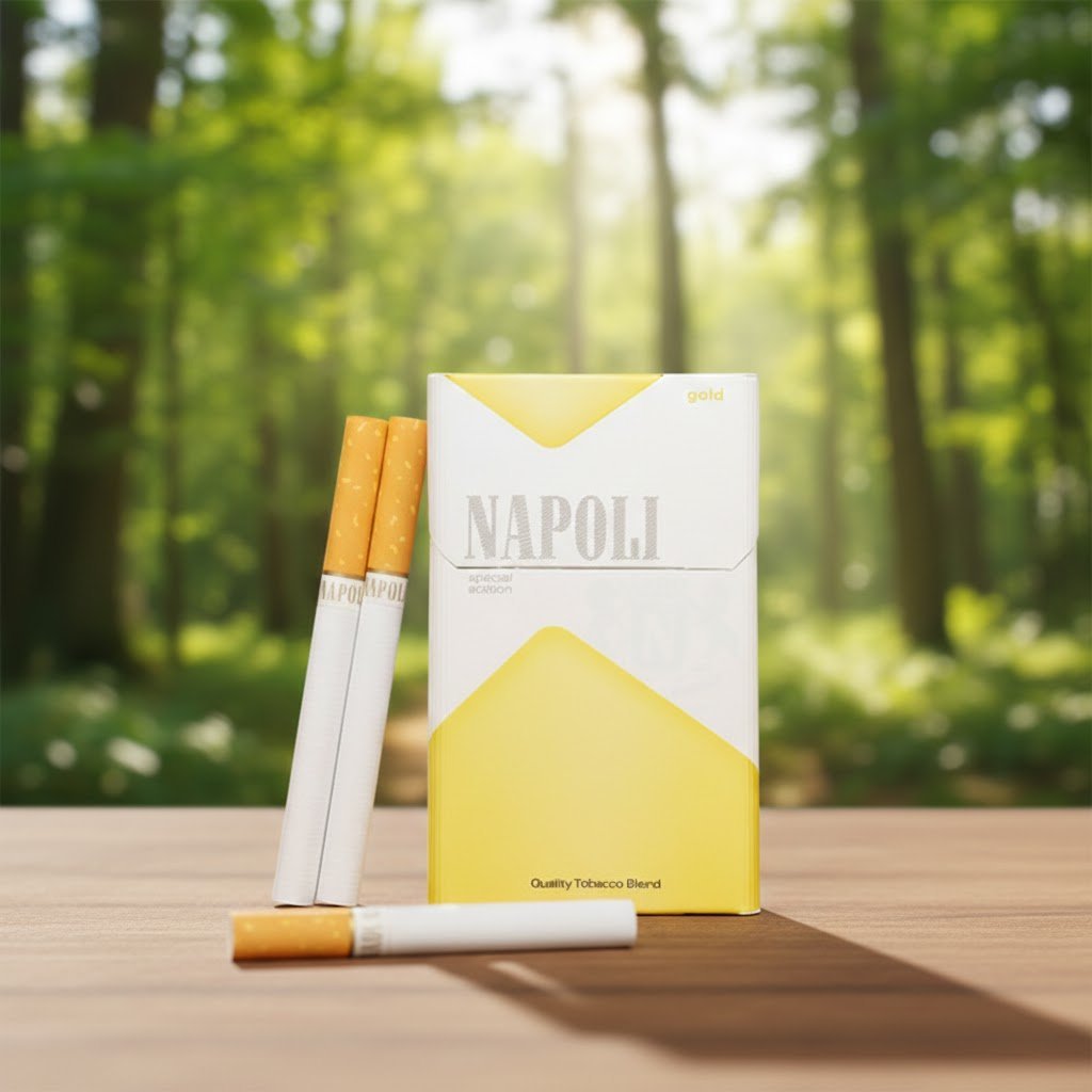 บุหรี่ Napoli Gold Special ซองสีขาวตัดเหลืองทอง มวนขนาด Queen Size ก้นกรองสีส้ม วางบนโต๊ะไม้ฉากหลังป่าธรรมชาติ