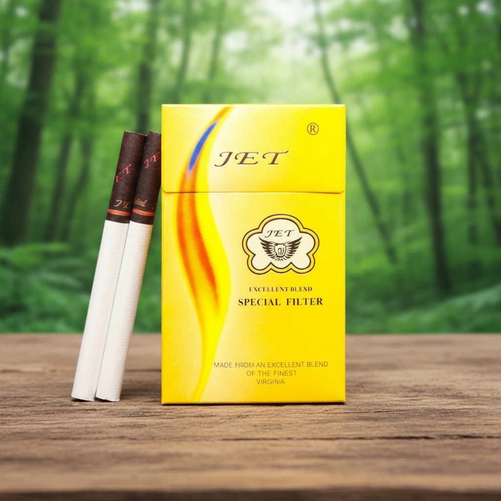 บุหรี่ JET Special Filter ซองแข็งสีเหลืองทอง มวนบุหรี่สีขาวก้นกรองสีน้ำตาลเข้ม วางบนโต๊ะไม้ฉากหลังป่าธรรมชาติ