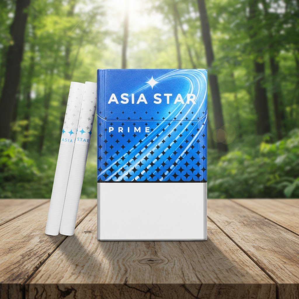 บุหรี่ Asia Star Prime ซองสีน้ำเงินลายดวงดาวและทางช้างเผือก มวนสลิมสีขาวก้นกรองลายดาวสีฟ้า วางบนโต๊ะไม้ฉากหลังป่าธรรมชาติ