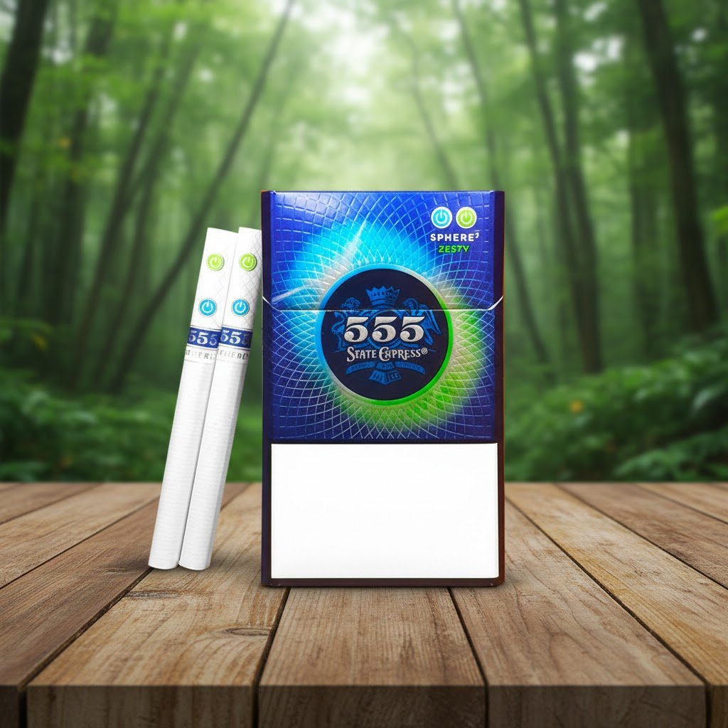 บุหรี่ 555 STATE EXPRESS Sphere2 Zesty ซองสีน้ำเงินลายตารางพรีเมียม แสดงมวนบุหรี่ 2 เม็ดบีบก้นกรองหลุม วางบนโต๊ะไม้ฉากหลังป่าสีเขียว