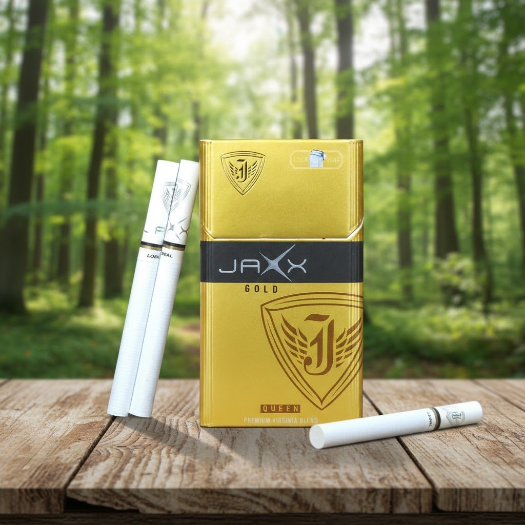 บุหรี่ Jaxx Gold ซองแข็งสีเหลืองทองหรูหรา วางคู่กับมวนบุหรี่สีขาวขนาด Queen Size บนพื้นโต๊ะไม้ท่ามกลางฉากหลังป่าไม้ธรรมชาติ
