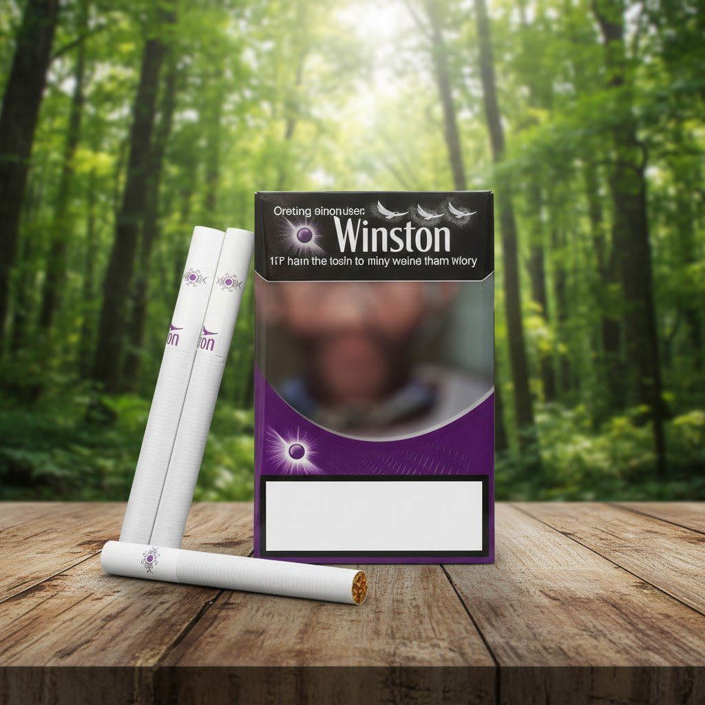 บุหรี่ Winston Purple Mint ซองสีม่วงตัดดำ แสดงมวนบุหรี่สีขาวพร้อมสัญลักษณ์เม็ดบีบสีม่วง วางบนโต๊ะไม้ฉากหลังป่าธรรมชาติ