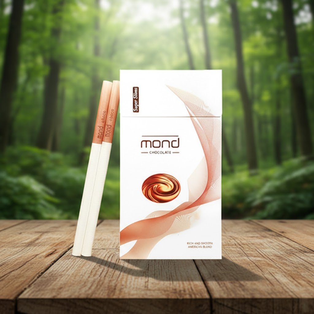 บุหรี่ Mond Chocolate ซองสีขาวลายกราฟิกเกลียวคลื่นสีน้ำตาลช็อกโกแลต วางคู่กับมวนบุหรี่ขนาดซุปเปอร์สลิมบนโต๊ะไม้ฉากหลังป่าธรรมชาติ