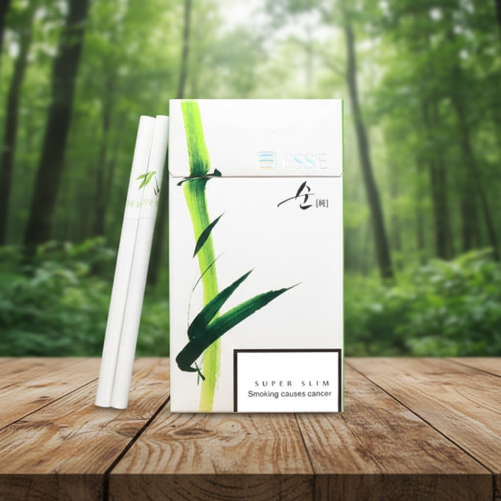 ซองบุหรี่ ESSE Bamboo 1mg ลายไม้ไผ่สีเขียว วางบนโต๊ะไม้ท่ามกลางบรรยากาศสวนป่าธรรมชาติ
