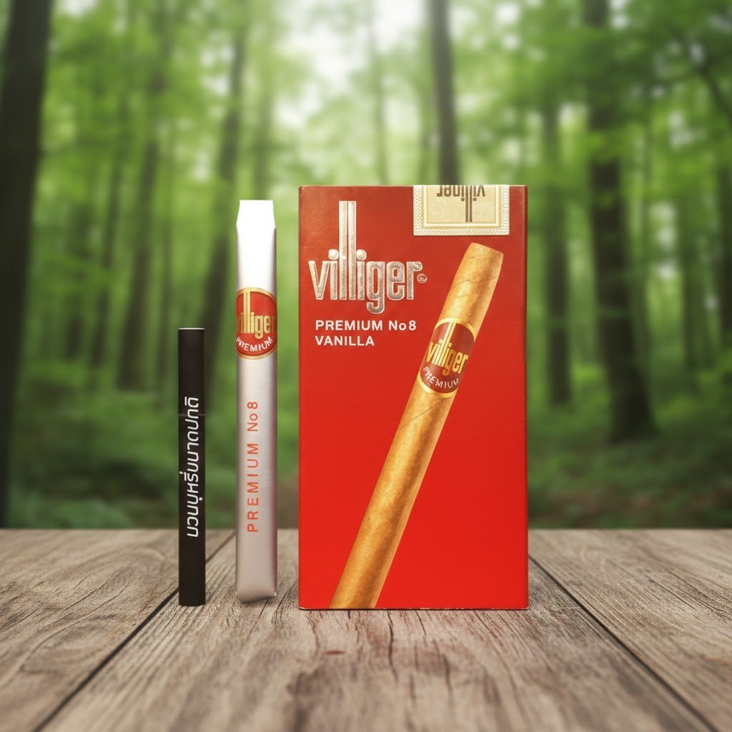 กล่องซิการ์ Villiger Premium No.8 Vanilla สีแดง วางบนโต๊ะไม้ในบรรยากาศป่าธรรมชาติ