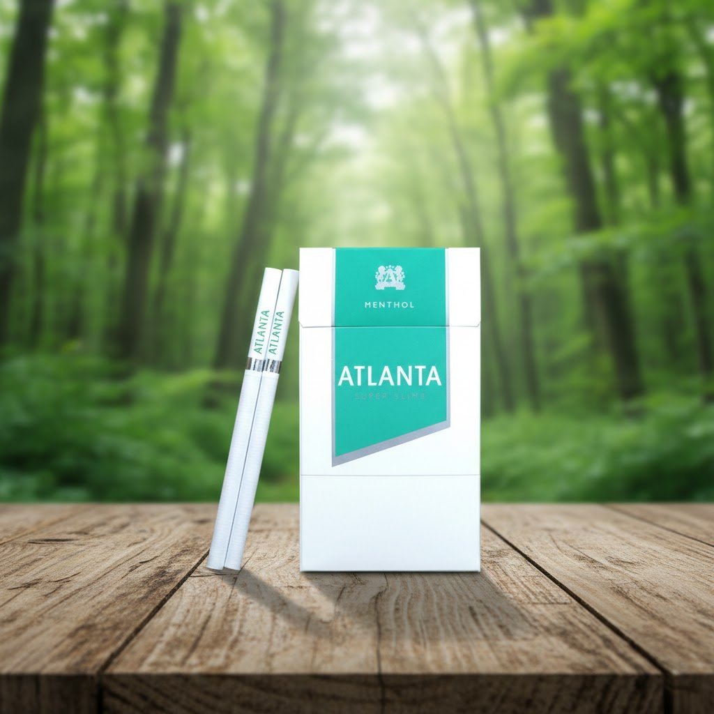ซองบุหรี่ Atlanta Green Slim สีขาวแถบเขียวเมนทอล วางบนโต๊ะไม้ท่ามกลางธรรมชาติป่าไม้