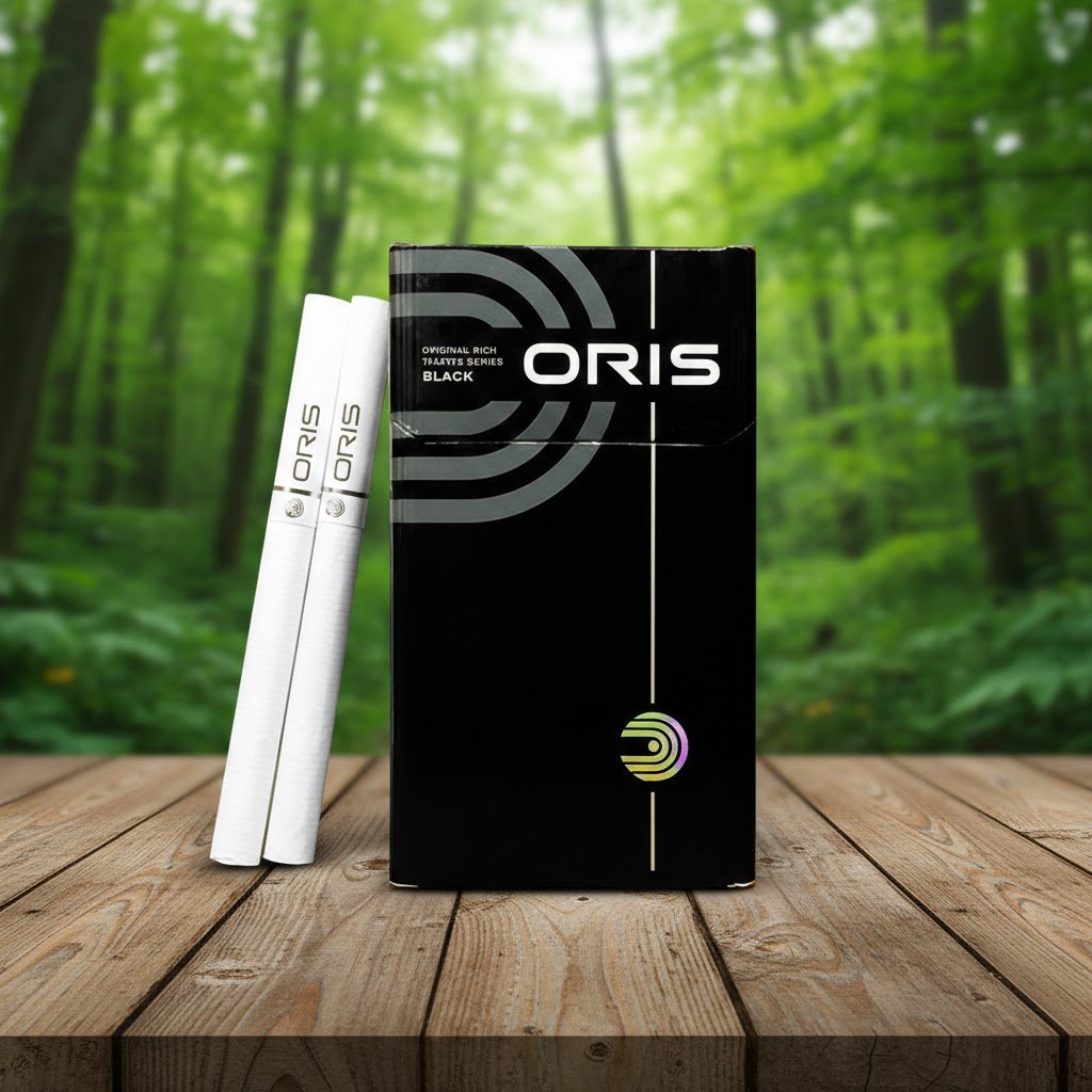 ซองบุหรี่ Oris Intense Black สีดำลายเส้นสีเทา วางบนโต๊ะไม้ท่ามกลางบรรยากาศป่าธรรมชาติ