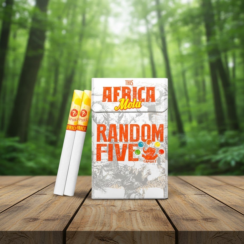 ซองบุหรี่ THIS Africa Mola Random Five ลายกราฟิกสีส้มและสัญลักษณ์รูปช้าง วางบนโต๊ะไม้ท่ามกลางป่าธรรมชาติ