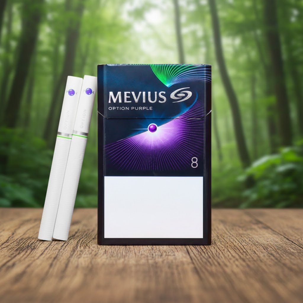 ซองบุหรี่ Mevius Option Purple 8 สีม่วงเข้มลายแสงรัศมี วางบนโต๊ะไม้ท่ามกลางธรรมชาติป่าไม้