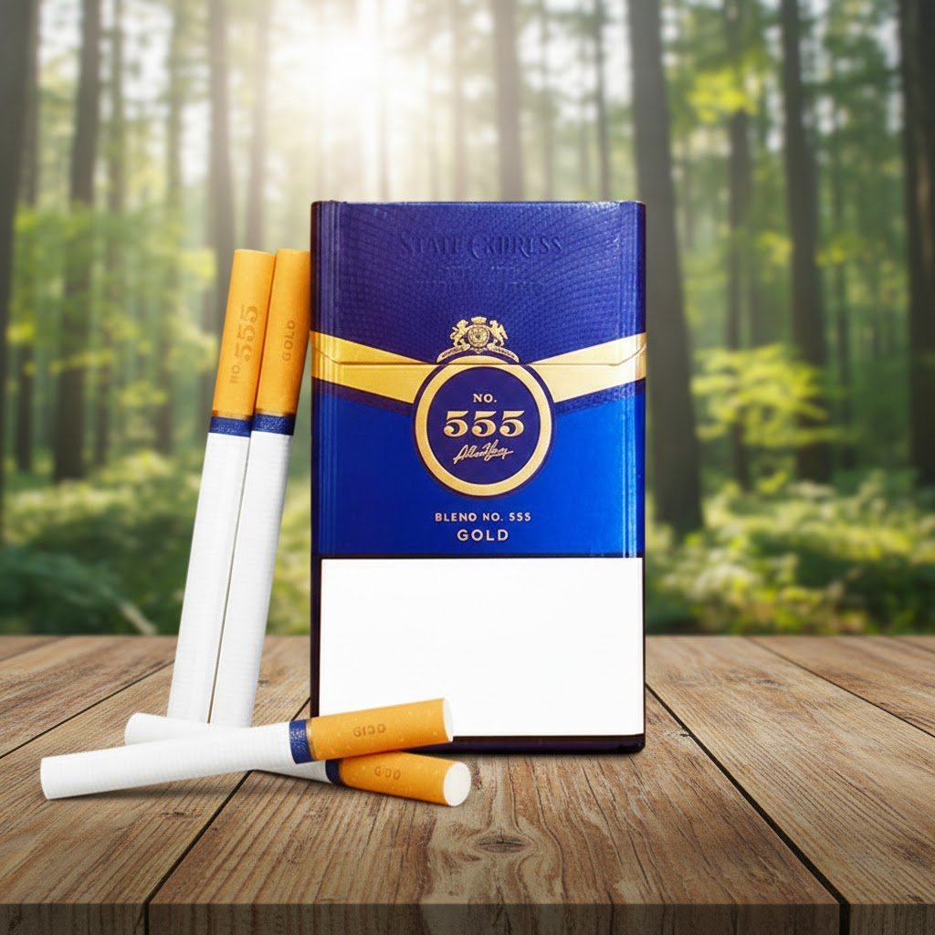 ซองบุหรี่ 555 STATE EXPRESS Gold สีน้ำเงินคาดทอง วางบนโต๊ะไม้ท่ามกลางธรรมชาติป่าไม้